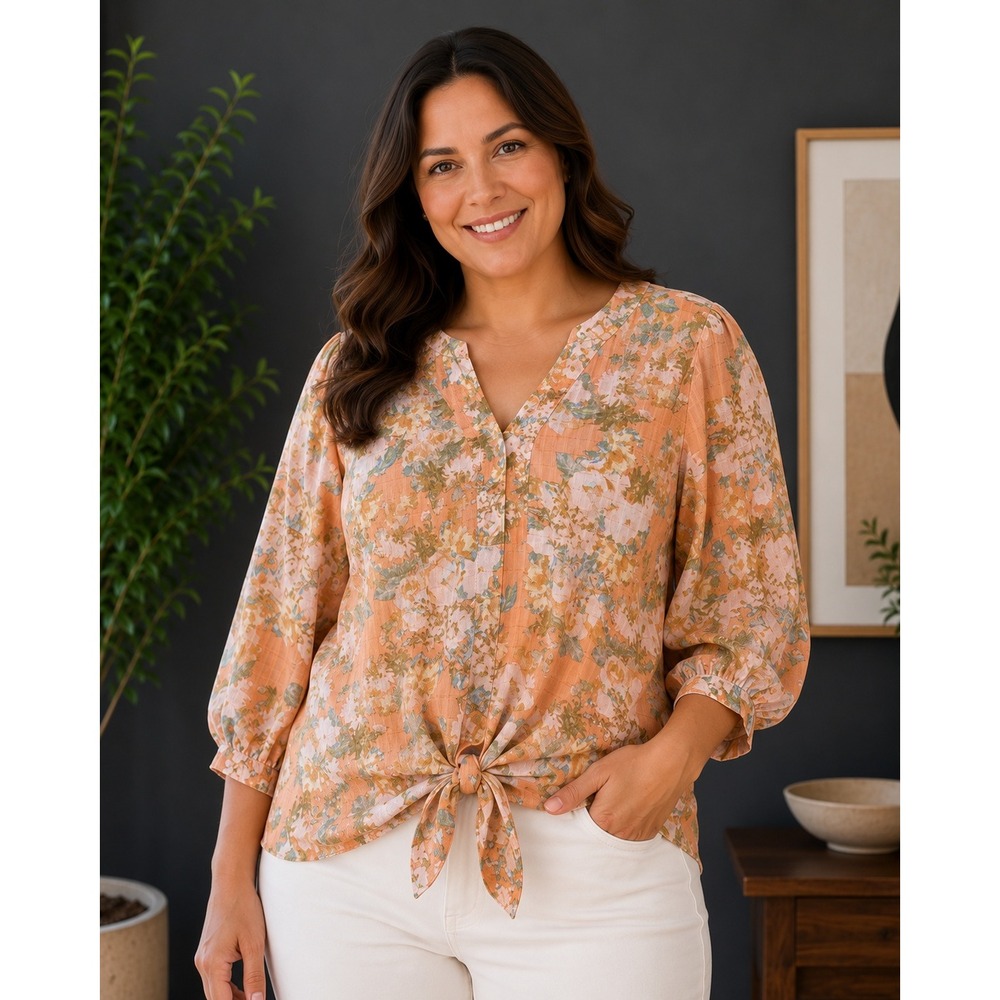 Rose + Olive Floral Boho Blouse Women Large Peach Tie Front Puff Sleeve Oversize